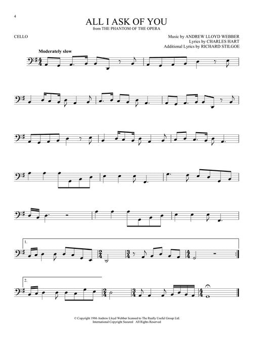 Phantom of the Opera Broadway Songs for Cello Sheet Music
