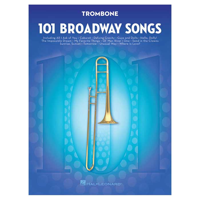 Music book cover for '101 Broadway Songs' for trombone with a trombone illustration on a blue background.