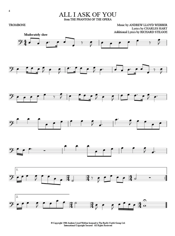 Sheet music for 'All I Ask of You' from 'The Phantom of the Opera' on a white background
