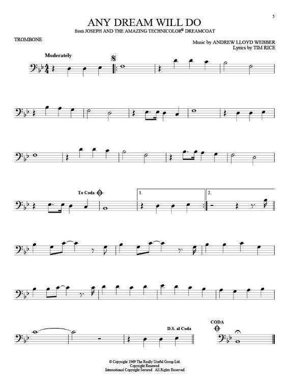 Sheet music for trombone of Any Dream Will Do with notes and text on a white background