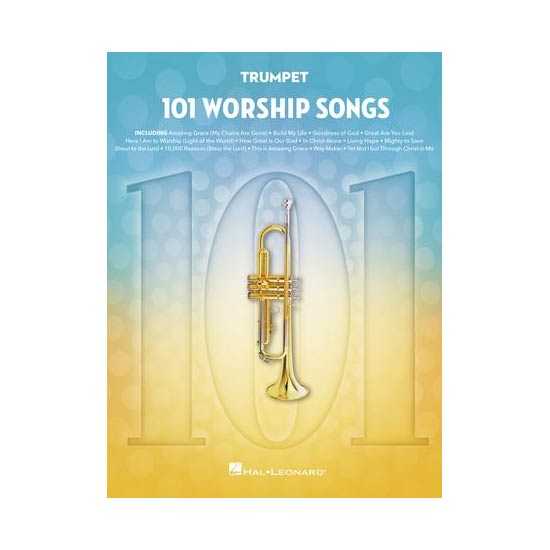 Cover of '101 Worship Songs for Trumpet' sheet music book with a background featuring a golden trumpet.