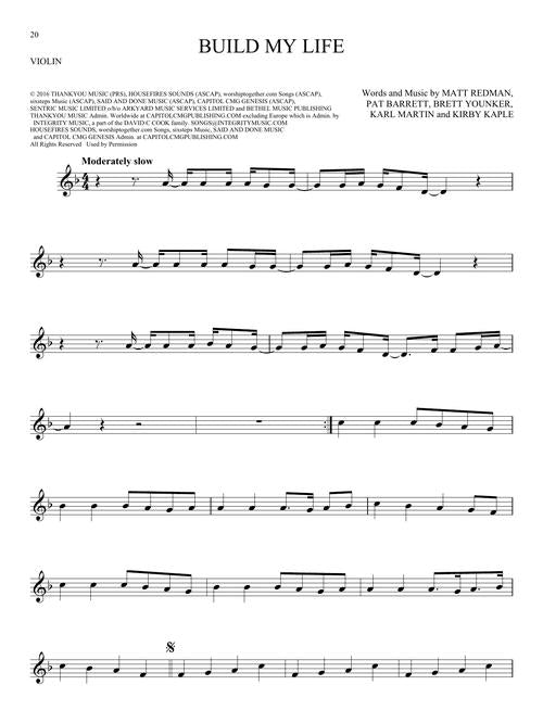 Sheet music for 'Build My Life' with violin notation and text.
