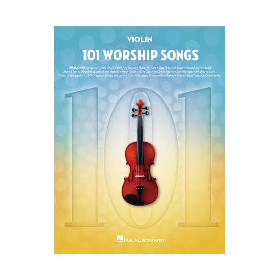 Cover of the sheet music book '101 Worship Songs' for violin, featuring an image of a violin and sheet music.