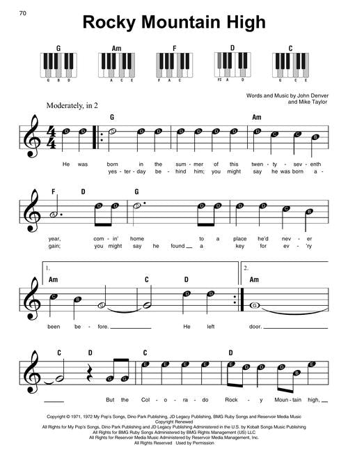 1970s sheet music easy piano rocky mountain high