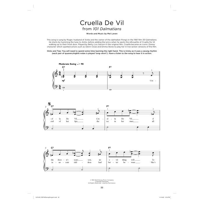 Sheet music for 'Cruella De Vil' from '101 Dalmatians' with piano notes on a white background.