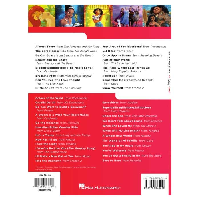 Back cover of 40 really easy piano disney songs music book with song list and Hal Leonard logo