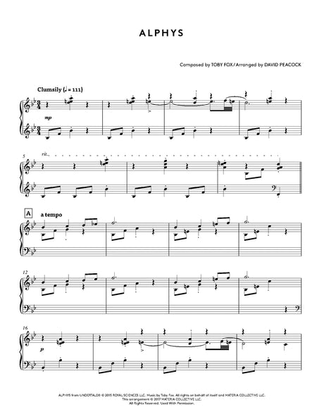 Sheet music for a piece titled 'Alphys' by Toby Fox, arranged by David Peacock.