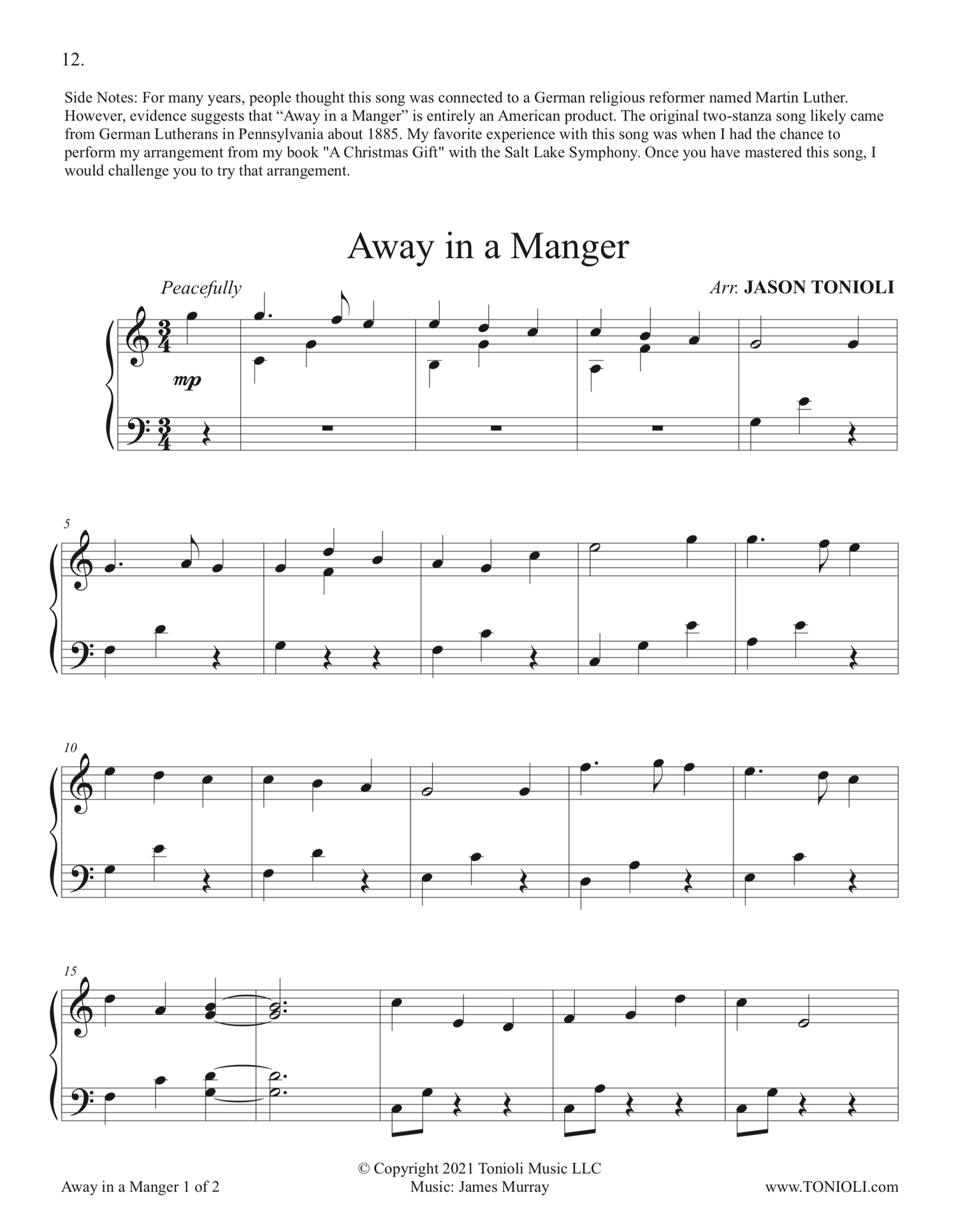 Away in a manger Christmas songs for easy piano sheet music by jason tonioli
