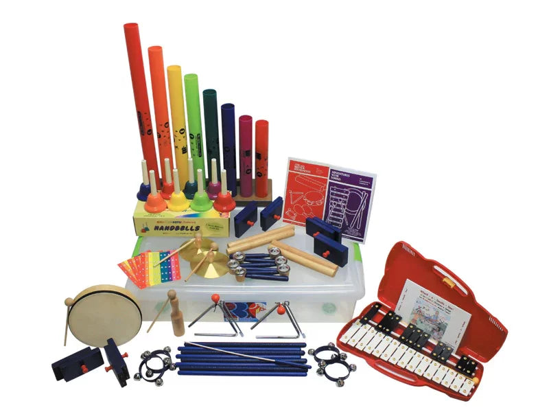 Rhythm kit and kids musical instruments with Boomwhackers, bells and drums