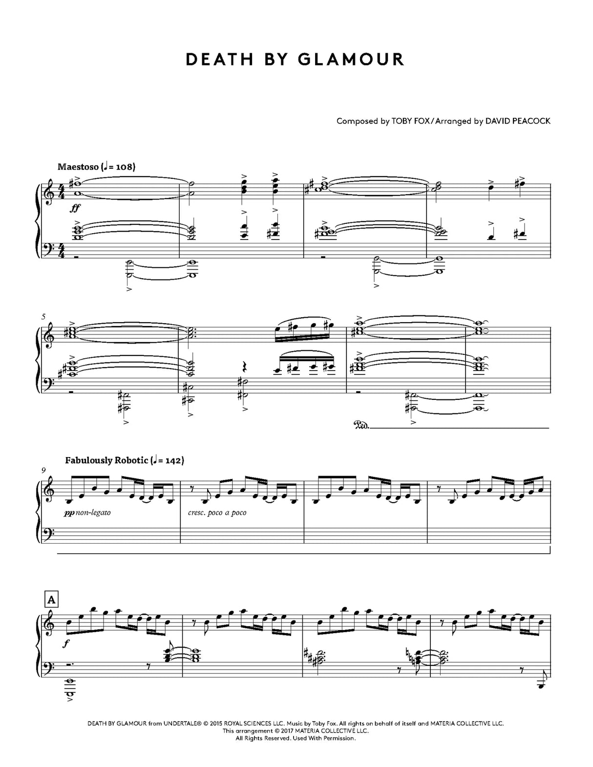 Sheet music for 'Death by Glamour' composed by Toby Fox and arranged by David Peacock.