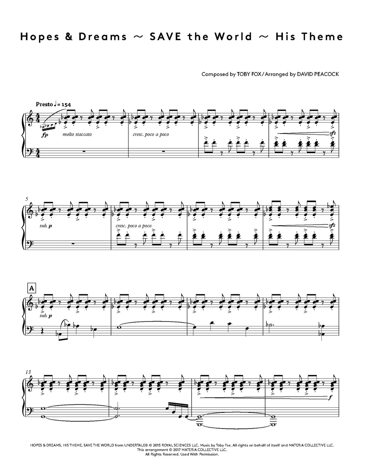 Sheet music for 'Hopes & Dreams ~ SAVE the World ~ His Theme' composed by Toby Fox and arranged by David Peacock.