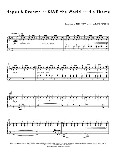 Sheet music for 'Hopes & Dreams ~ SAVE the World ~ His Theme' composed by Toby Fox and arranged by David Peacock.