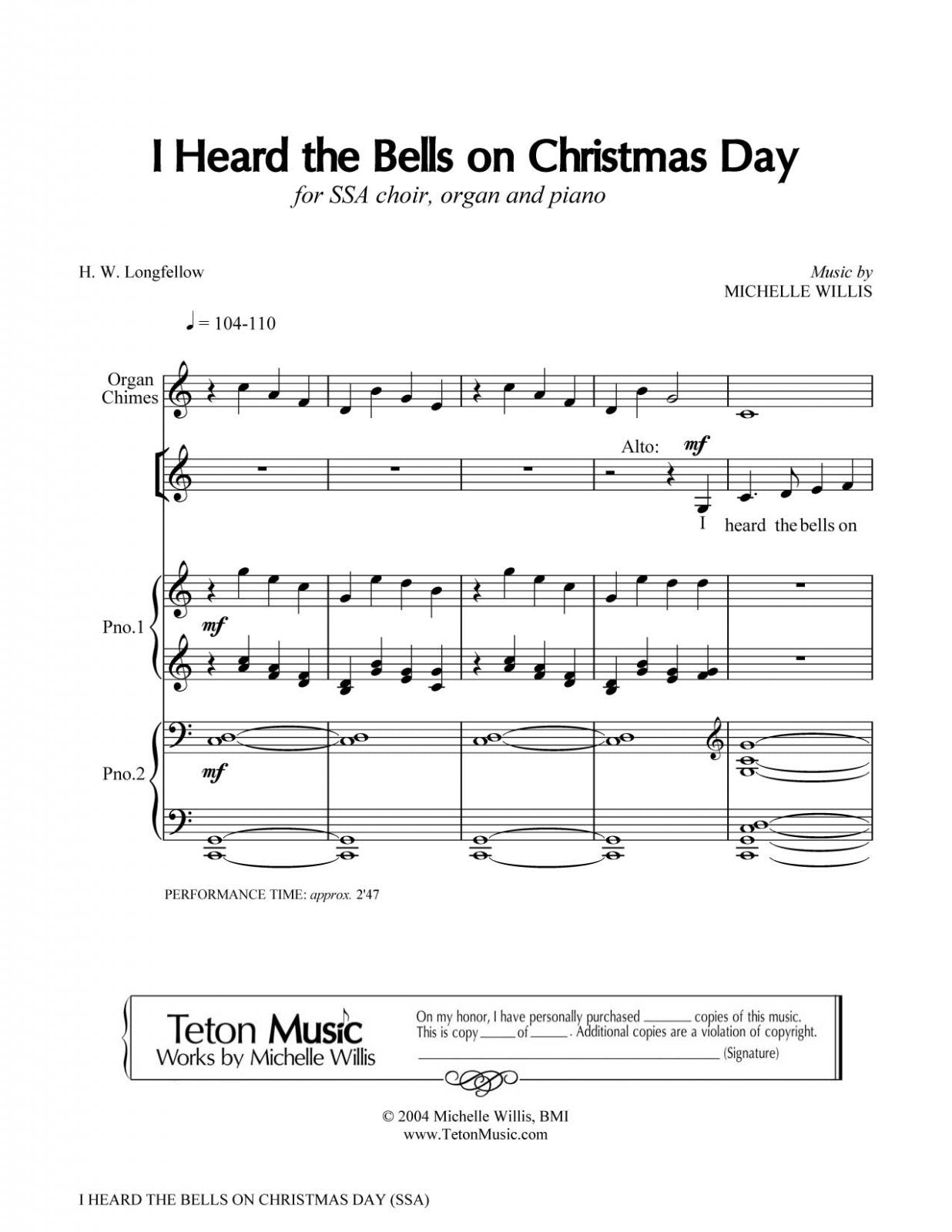 I heard the bells on christmas day ssa choir sheet music