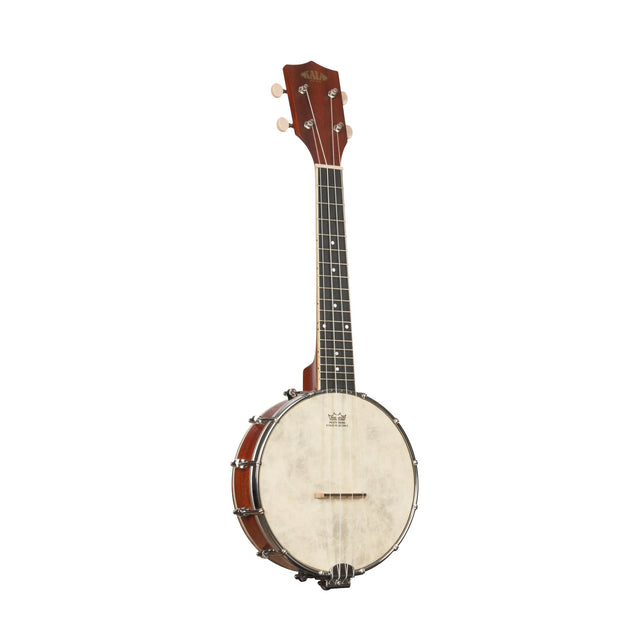 A Kala brand banjo concert ukulele with a natural and rustic design, featuring a mahogany body with a maple neck and headstock, and nylon strings.
