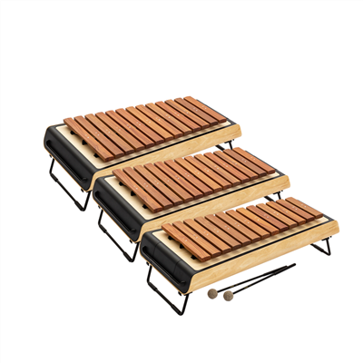 A three-piece set of Sonor SMART Series Rosewood Xylophones with a space-saving and stackable design, featuring a black metal bar and wooden bars.