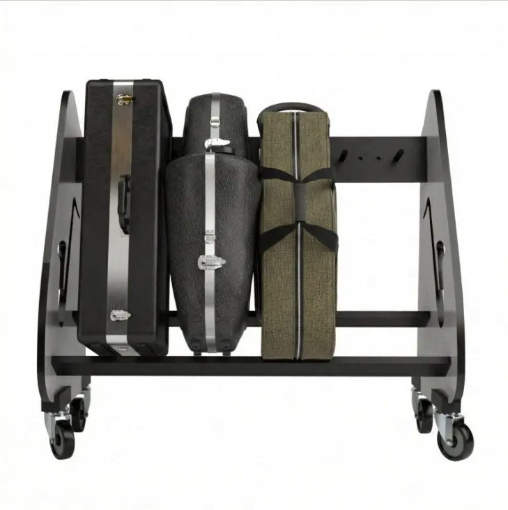 Luggage rack with three suitcases on a white background