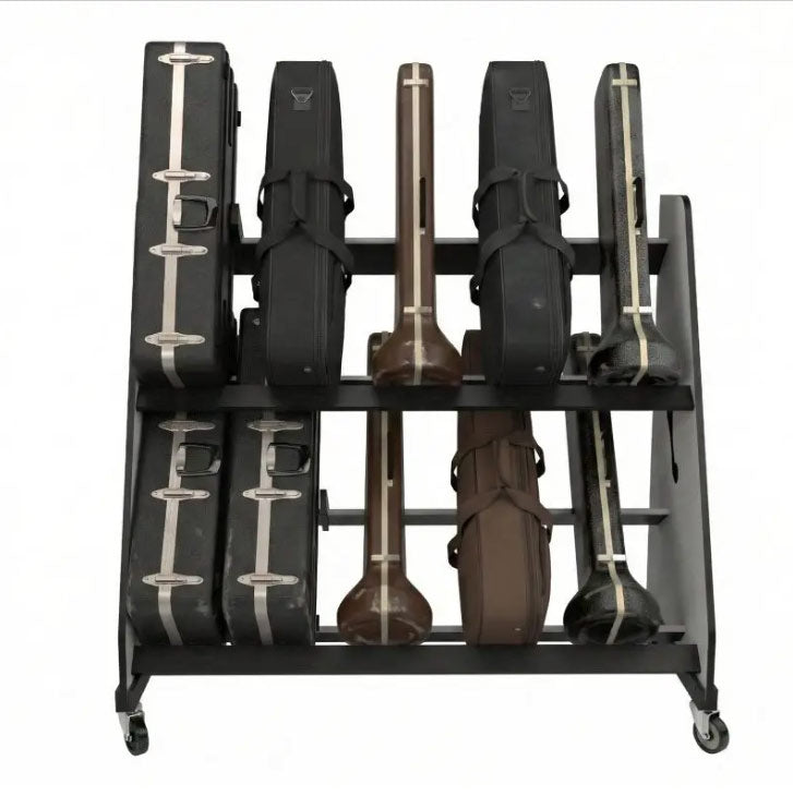Black metal instrument rack holding various musical instruments on a white background