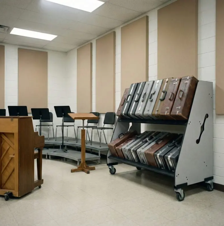 Room with a rack of suitcases and desks in the background