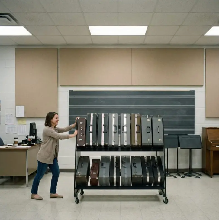Person pushing a cart with cases in an office setting