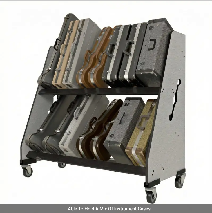 Cart with multiple instrument cases on a white background