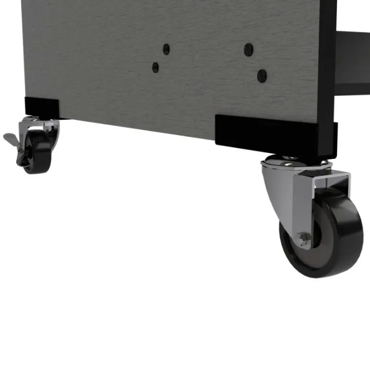 Close-up of a black caster wheel on a white background