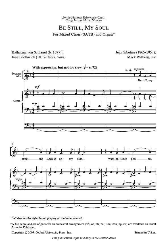 Sheet music for 'Be Still, My Soul' by Katharina von Schlegel and Jean Sibelius, arranged by Mack Wilberg.