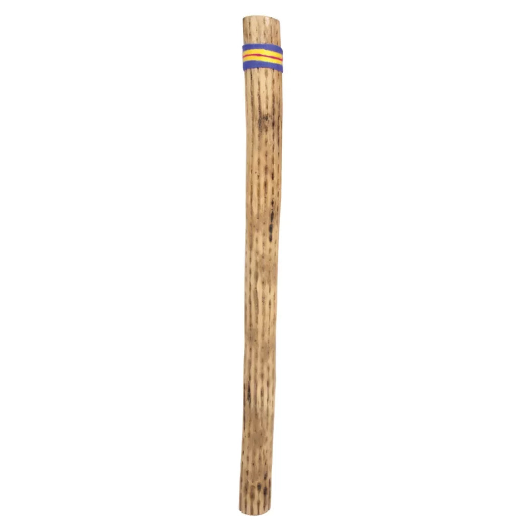 A traditional cactus rainstick instrument with a wooden shaft and a colorful woven fabric band, featuring thorns and pebbles.