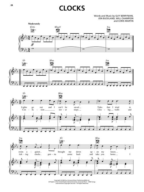 clocks coldplay piano sheet music by for vocal and guitar chords