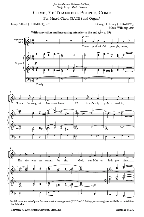 Sheet music for 'Come, Ye Thankful People, Come' with musical notation and text.