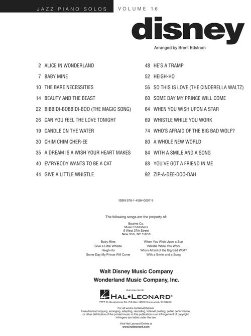 disney jazz piano sheet music solos list