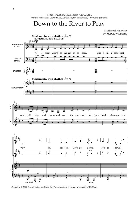 Sheet music for 'Down to the River to Pray' with musical notation and lyrics.