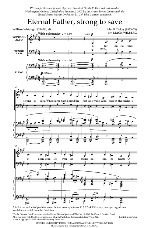 Sheet music for 'Eternal Father, strong to save' with musical notation and text.