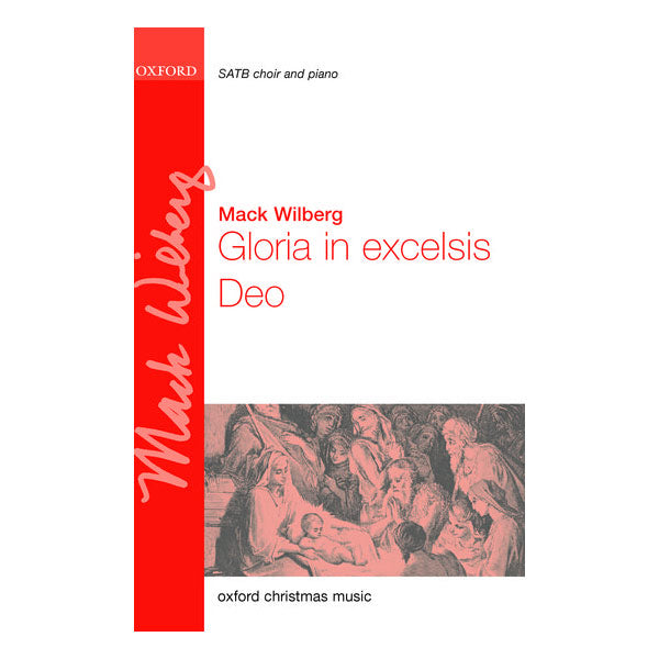 Music sheet cover for 'Gloria in excelsis Deo' by Mack Wilberg with a red vertical stripe and classical illustration.