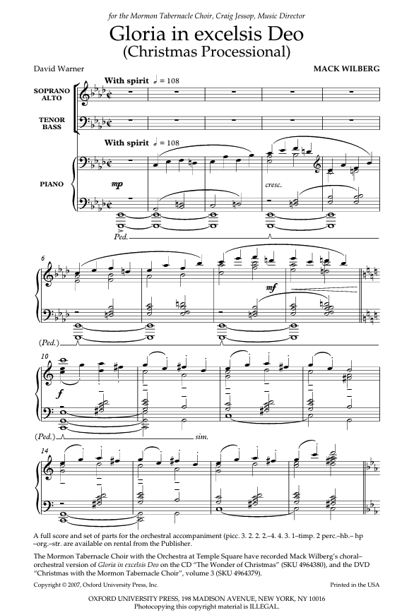 Sheet music for 'Gloria in excelsis Deo' by Mack Wilberg with musical notation and text.
