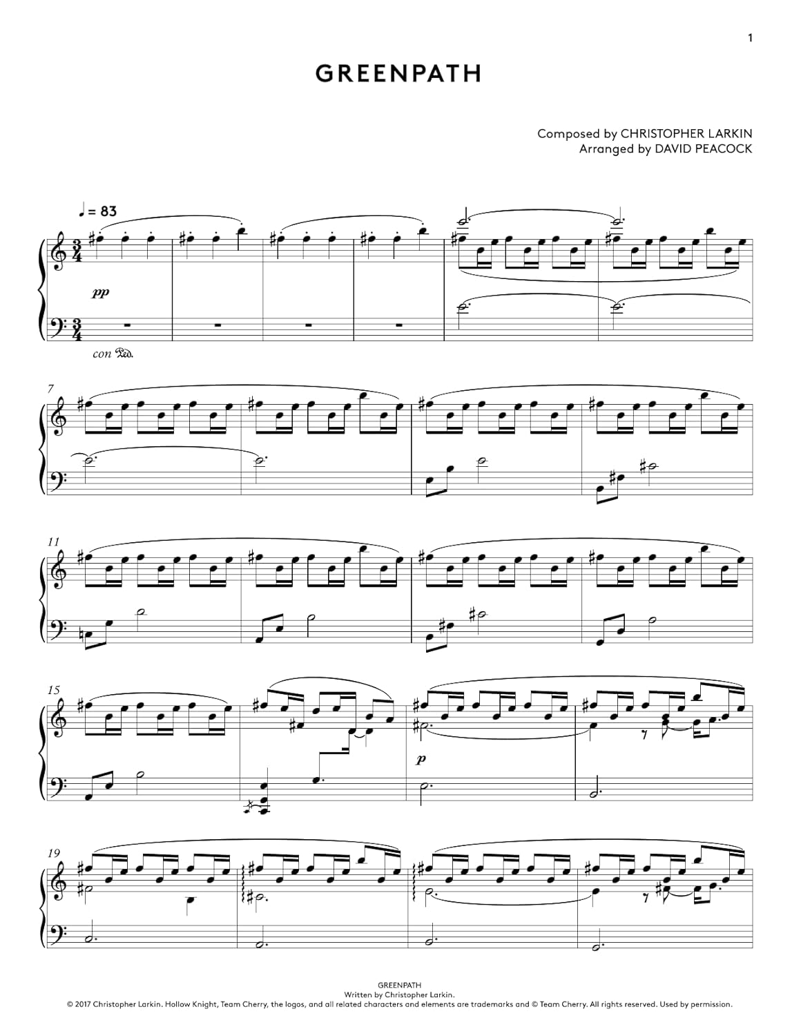 Sheet music for 'Greenpath' composed by Christopher Larkin and arranged by David Peacock.