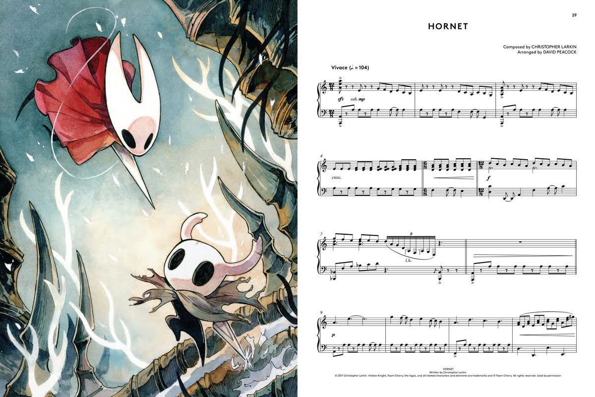 Illustration of a character with a horn and sheet music for 'Hornet' by Tim Hecker from Hollow Knight
