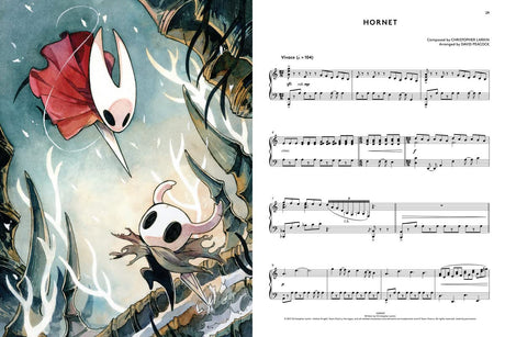 Illustration of a character with a horn and sheet music for 'Hornet' by Tim Hecker from Hollow Knight