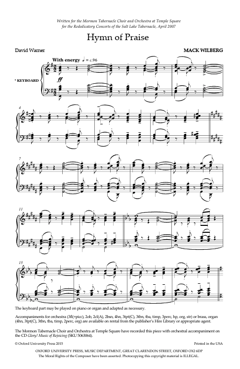 Hymn of praise by mack wilberg with choir sheet music sung by tabernacle choir