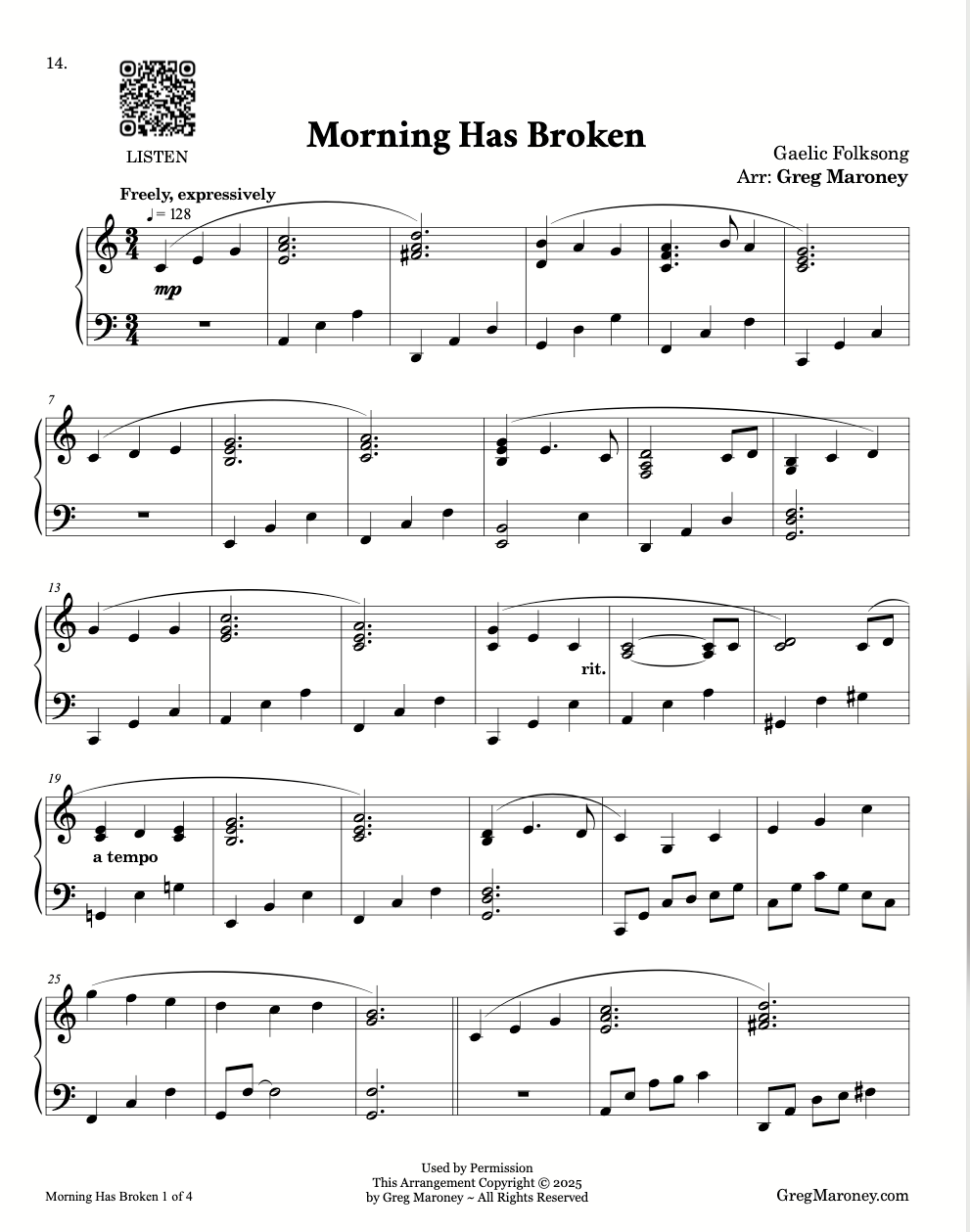 morning has broken piano sheet music by greg maroney