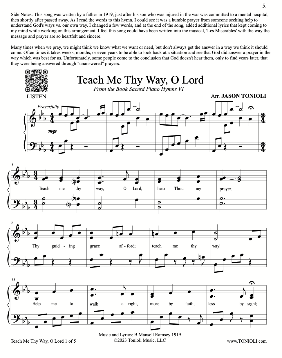 teach me thy way o lord piano sheet music by jason tonioli