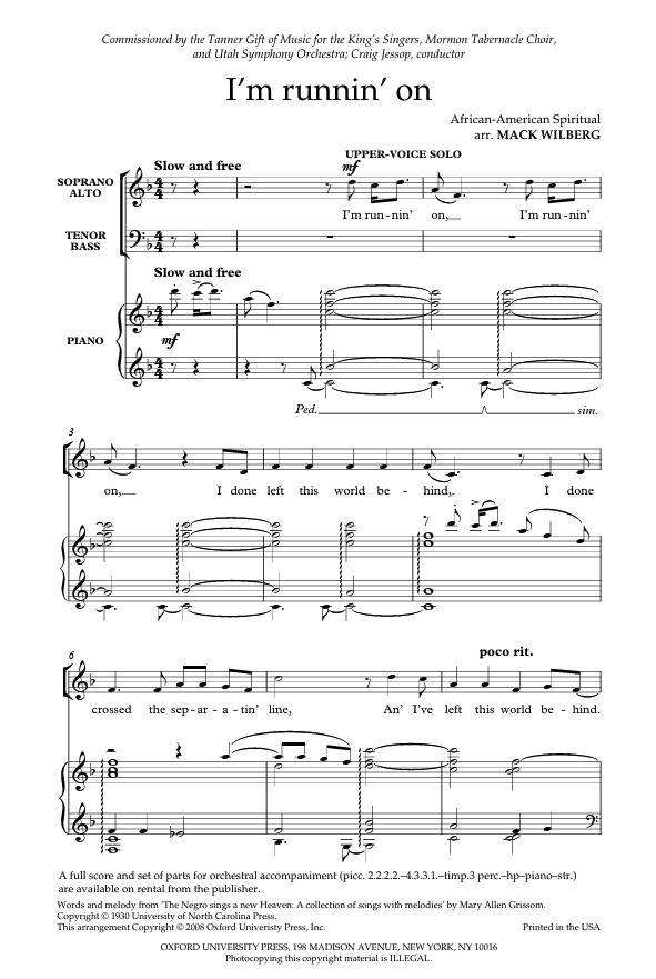 Sheet music for 'I'm runnin' on' with musical notation and text.