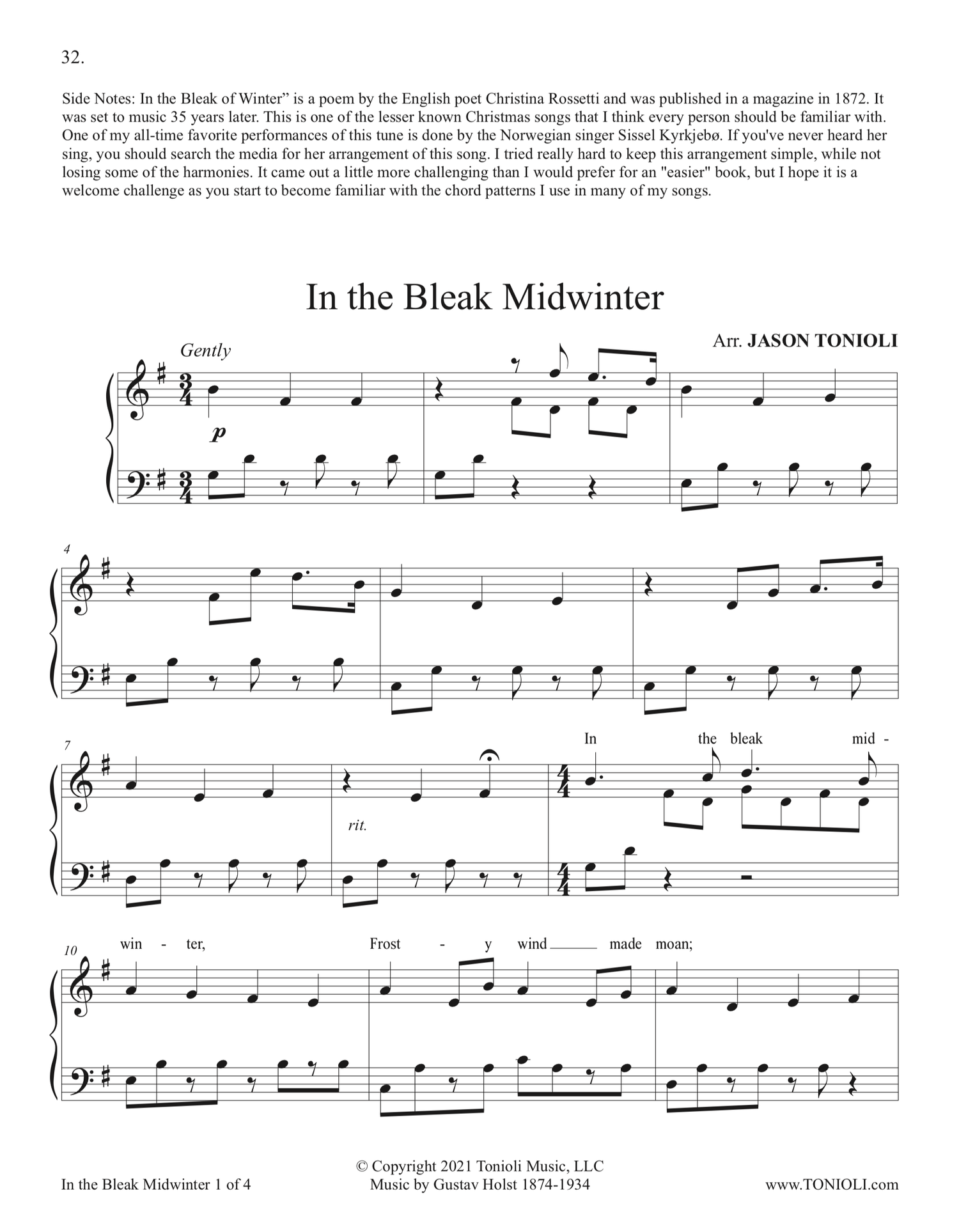 in the bleak midwinter Christmas songs for easy piano sheet music by jason tonioli