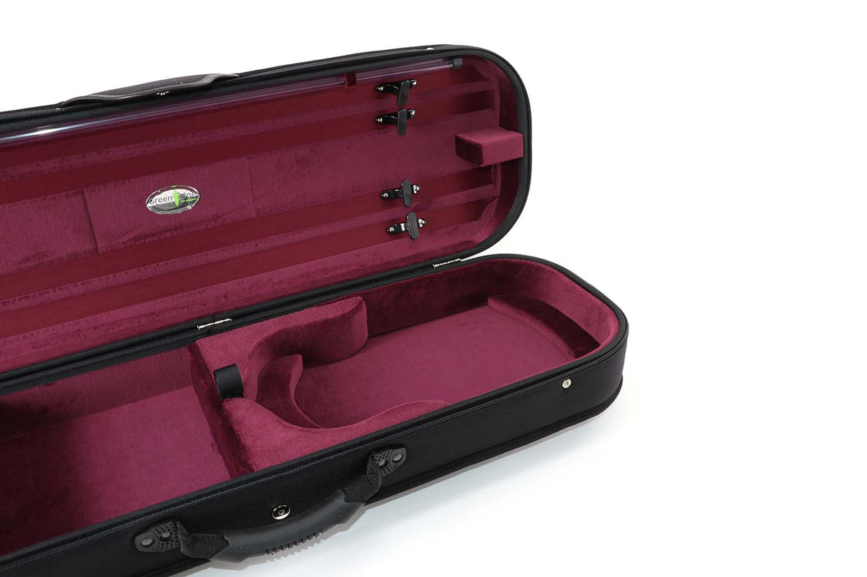 Open violin jakob winter hard case with red interior on a white background