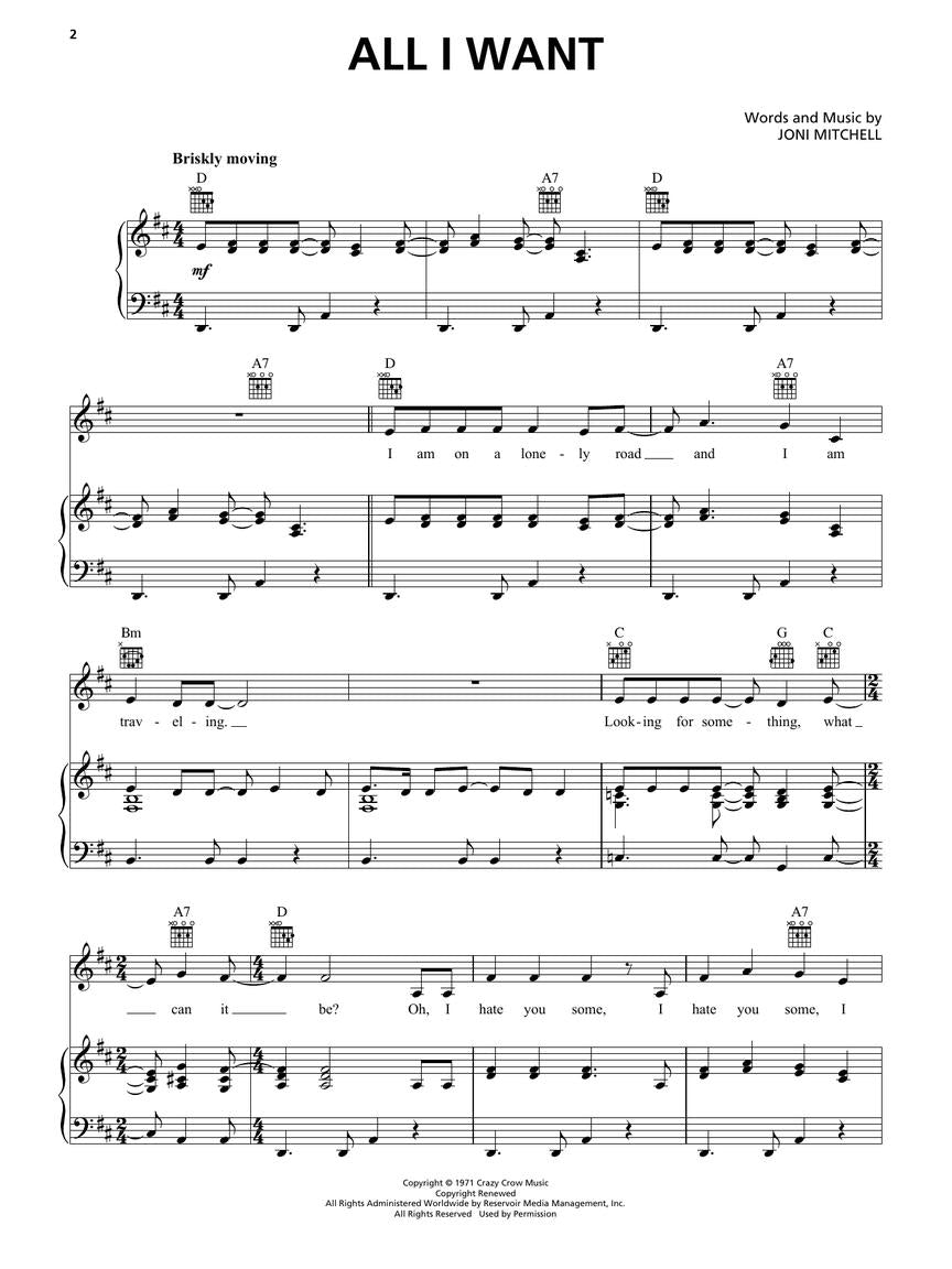 joni mitchell sheet music of all I want for piano
