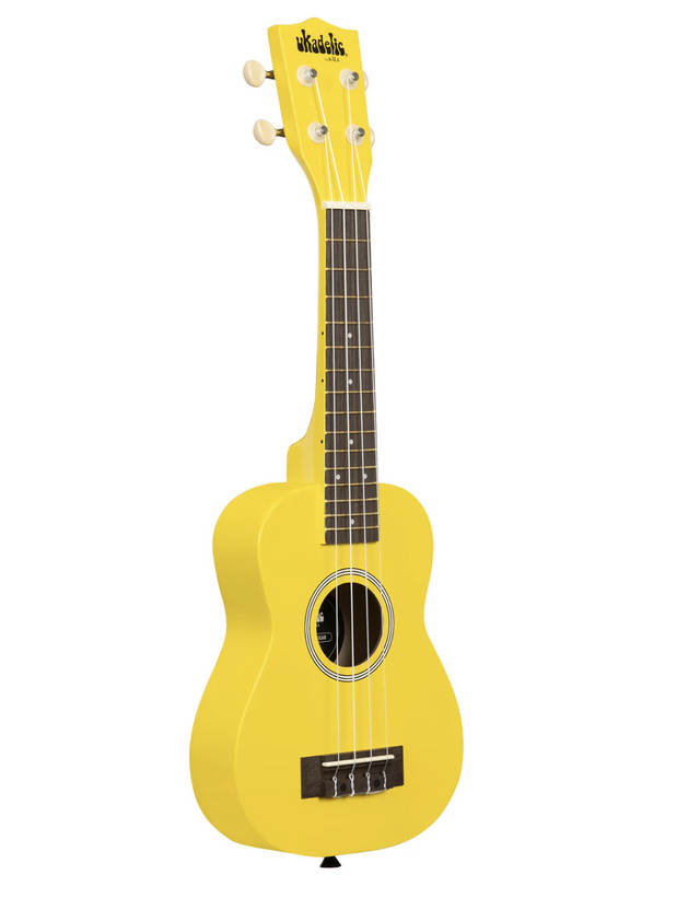 A yellow Kala Ukadelic Soprano Ukulele with a wood fingerboard and wood bridge, including a logo bag.