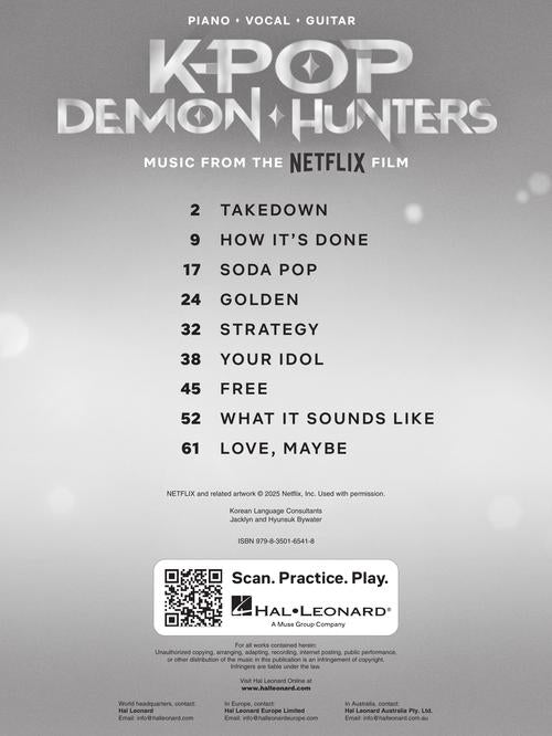 Sheet music cover for 'K-Pop Demon Hunters' with track list on a gray background