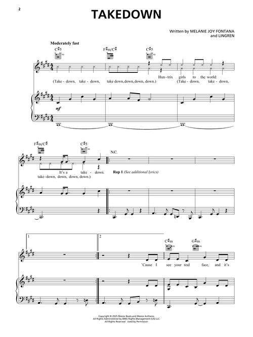 Sheet music for the song 'Takedown' by Melanie Joy Fontana and Lurgen on a white background.