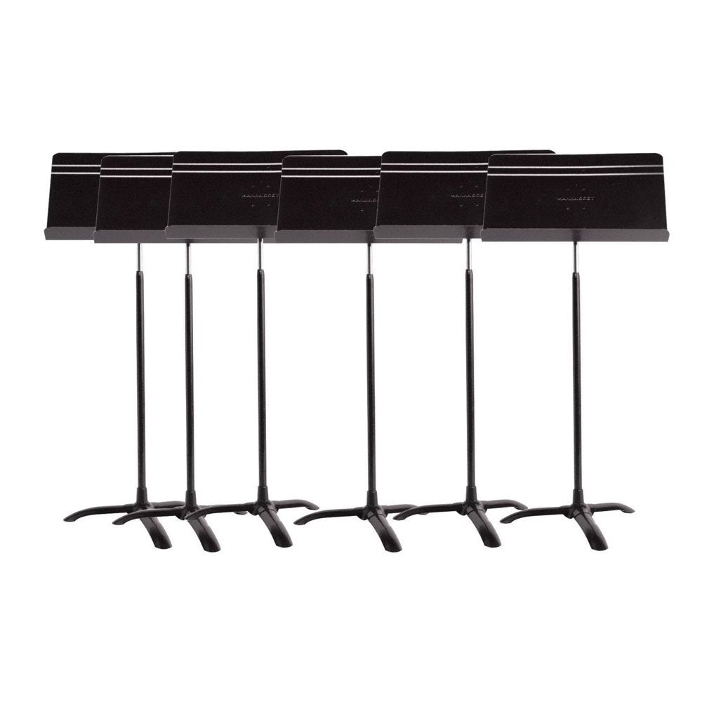 A set of six black Manhasset orchestral music stands with adjustable desks and a tripod base.
