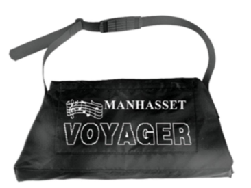 Black nylon tote bag with a shoulder strap, featuring the text 'Manhasset Voyager' in white on the front.