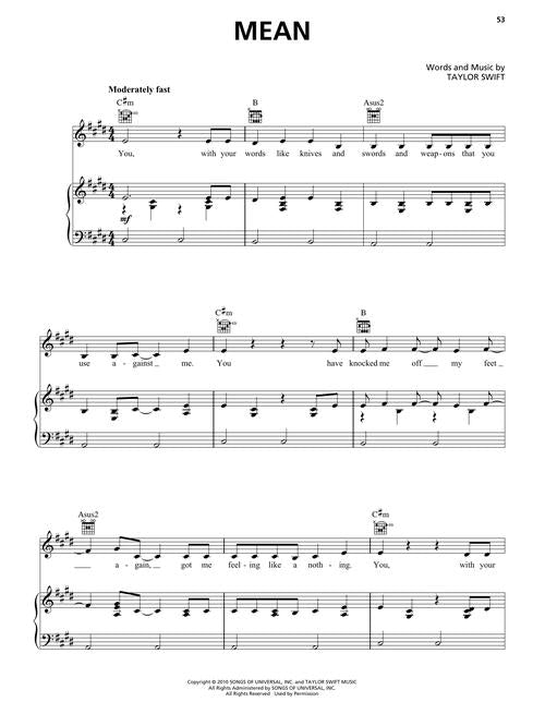mean taylor swift sheet music for piano and guitar